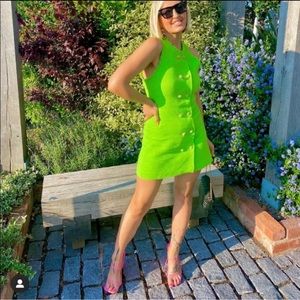 ZARA Textured Weave Dress With Buttons Neon Green